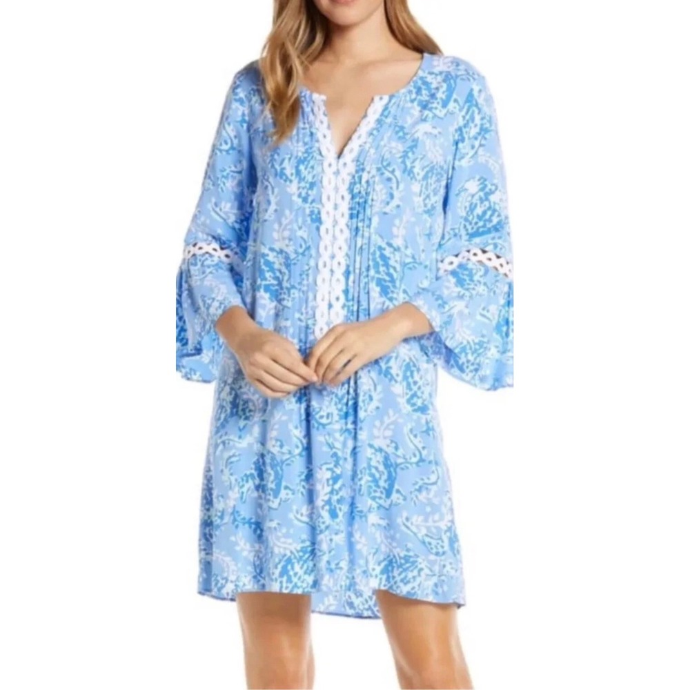Lilly Pulitzer Blue White Turtle Print Shift Dress Crochet Trim Bell Sleeve L
